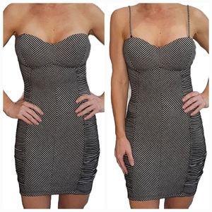 Guess Black and White Striped Mini Bodycon Dress with side Ruching Size Small